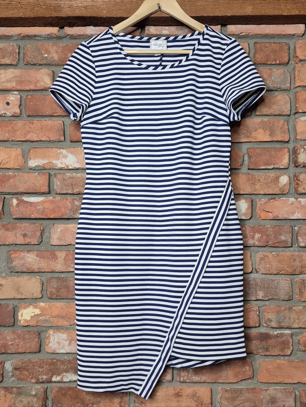 Beige by ECI Navy White Striped Faux Wrap Asymmetrical Sheath Dress Nautical